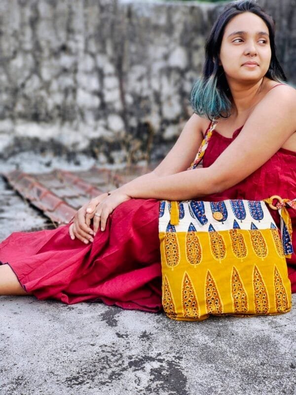 Almitra Sustainables  Yellow & Off-White Hand Block Printed Braided Ethnic Sling Bags - Image 3