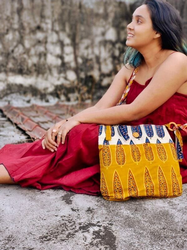 Almitra Sustainables  Yellow & Off-White Hand Block Printed Braided Ethnic Sling Bags - Image 2