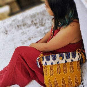 Almitra Sustainables Yellow & Off-White Hand Block Printed Braided Ethnic Sling Bags